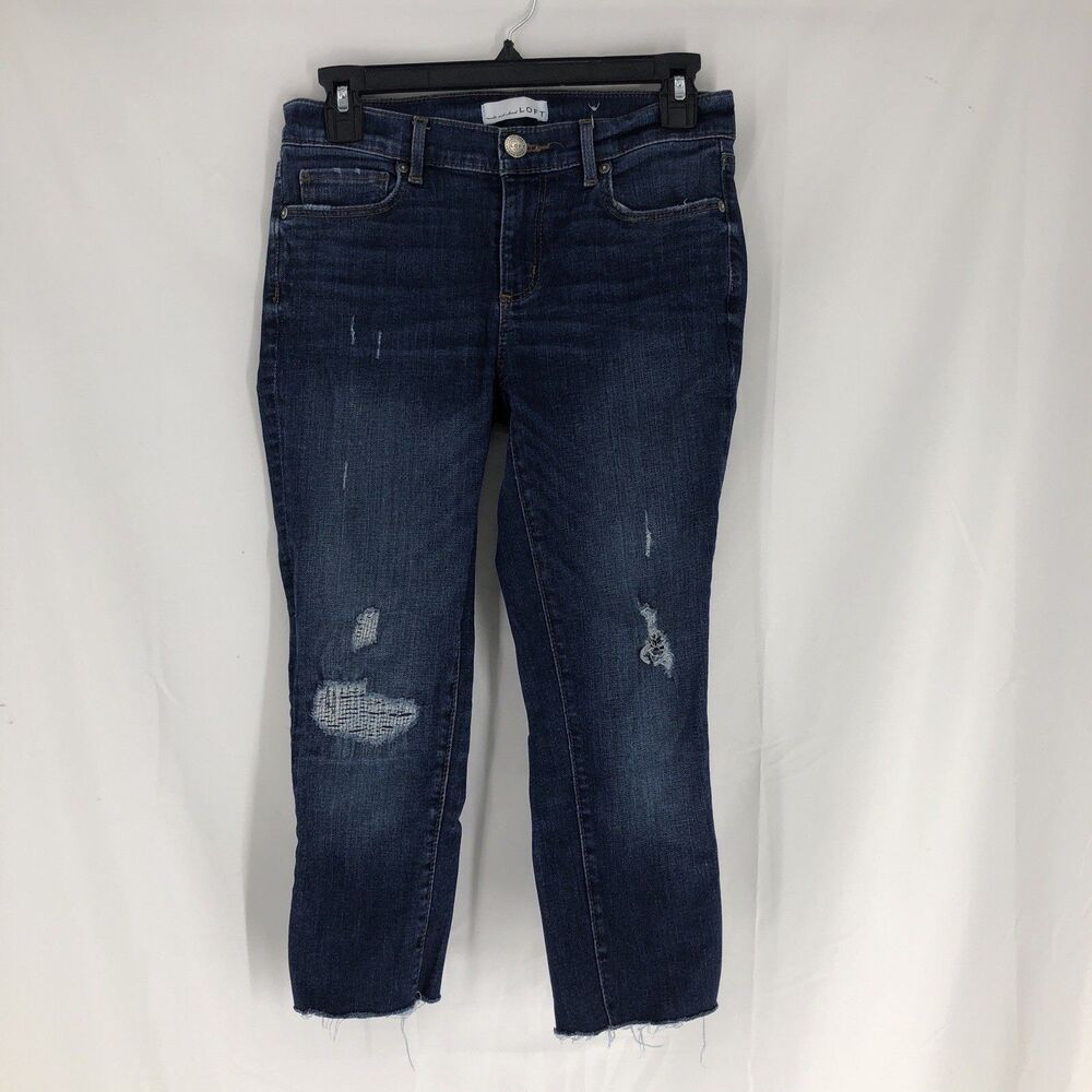 LOFT Modern Skinny Jeans Denim Ankle Medium Wash Mid Rise Distressed Size 2